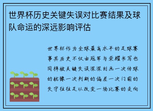 世界杯历史关键失误对比赛结果及球队命运的深远影响评估